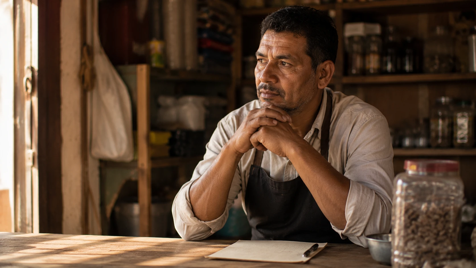 A small business owner sitting quietly with a notebook, thinking
