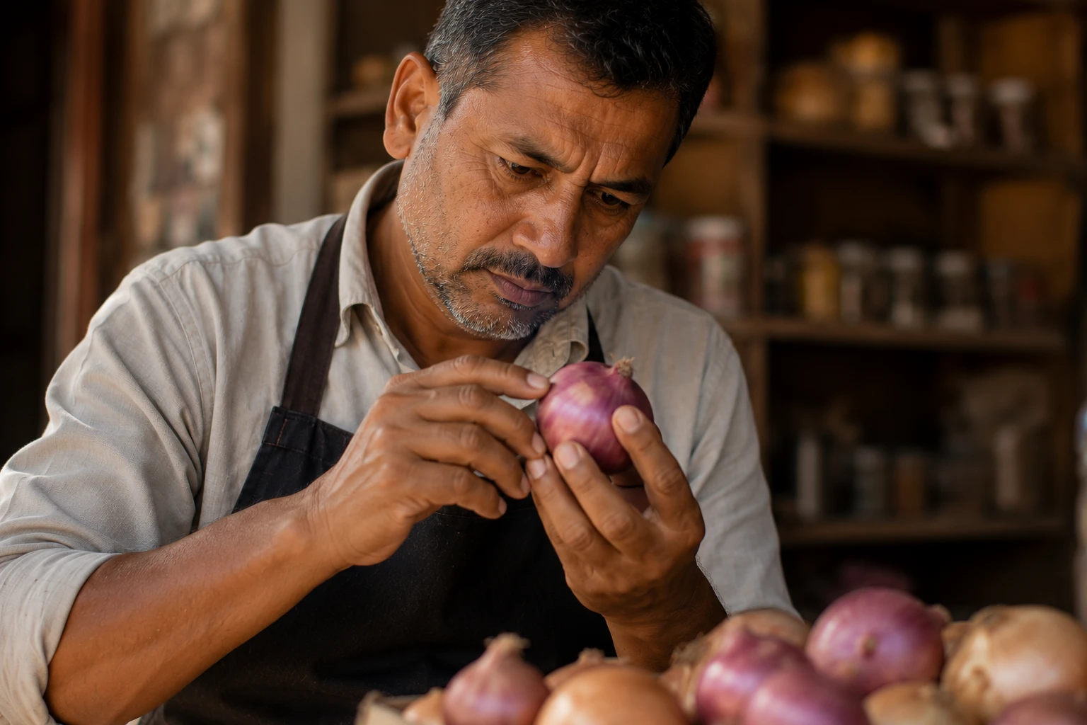 A business owner examining something closely, catching a detail early