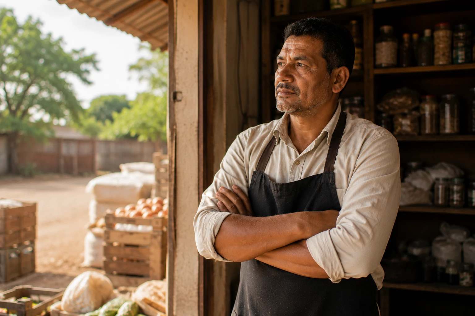A business owner looking out at their stall or workshop, considering expansion