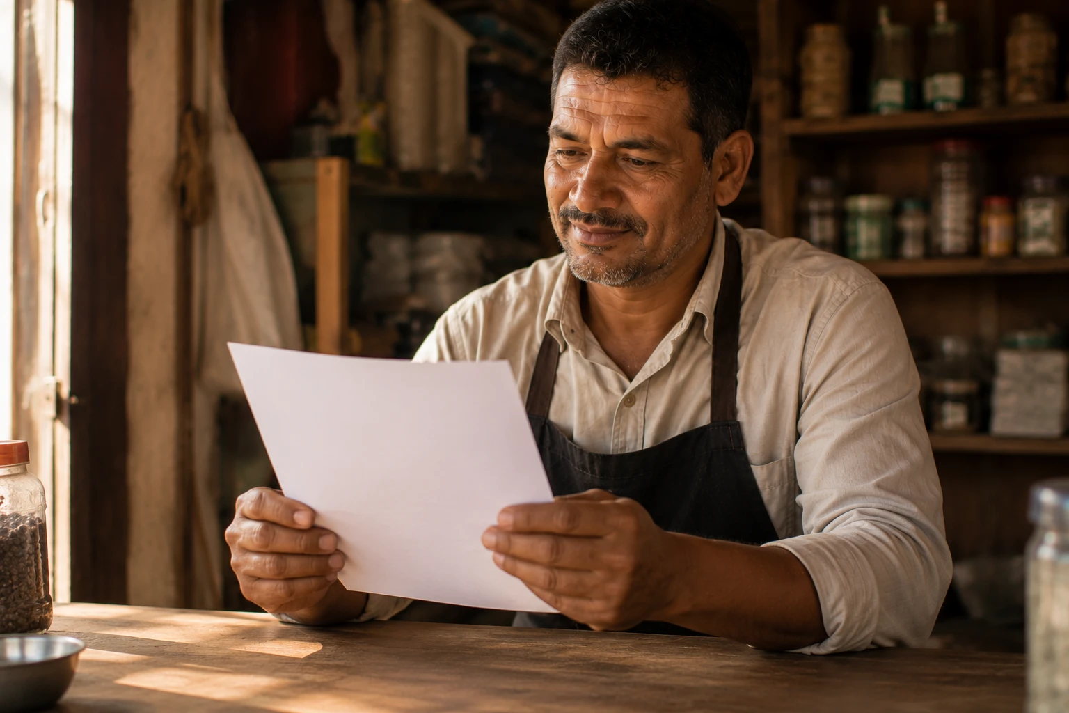 A business owner holding a printed document with quiet pride