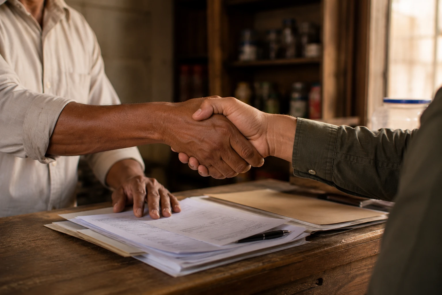 A firm, confident handshake across a desk, papers visible between them