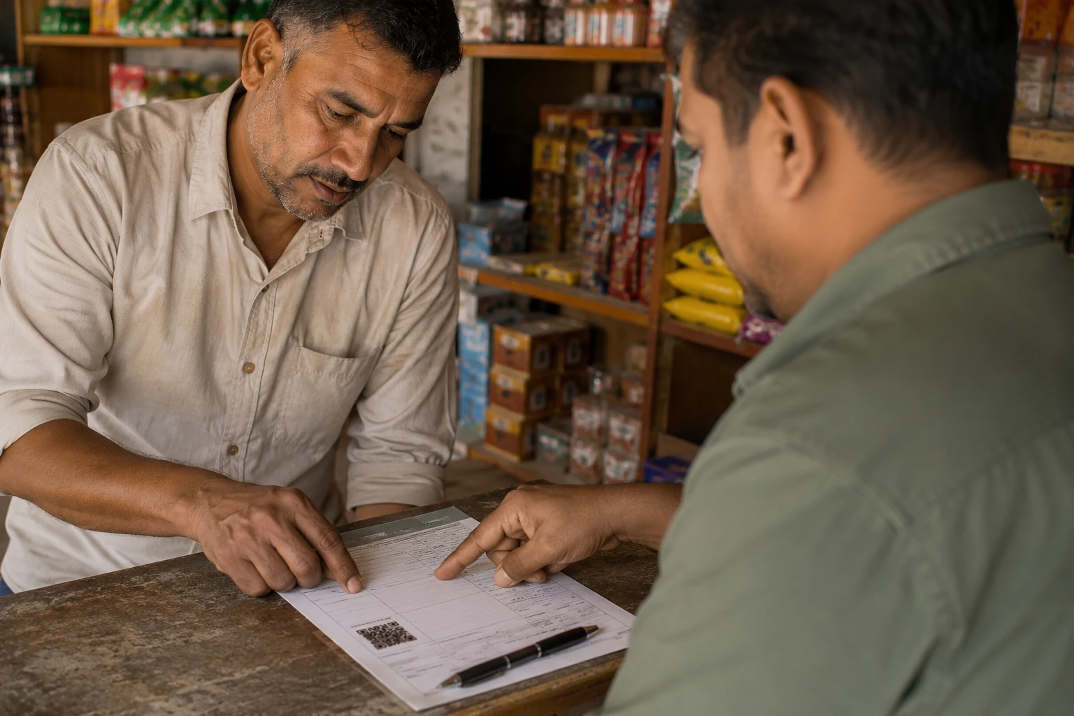 Two people at a shop counter reviewing a printed field form together