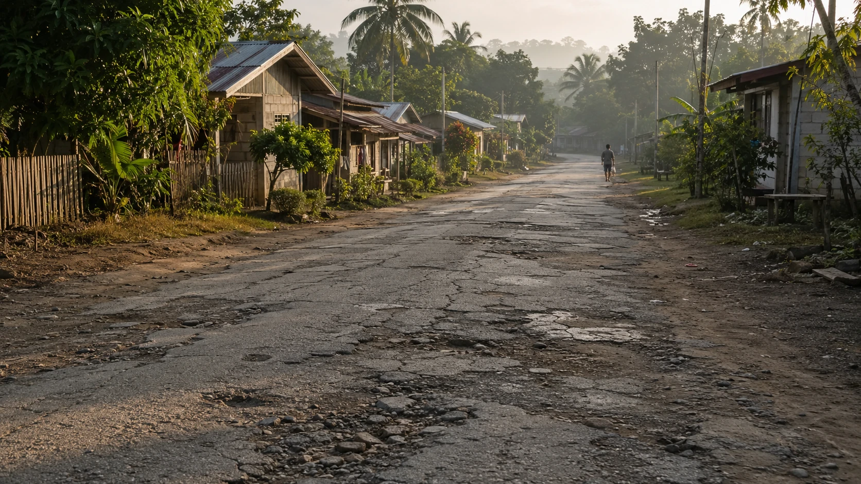 A cracked rural road stretching toward a community