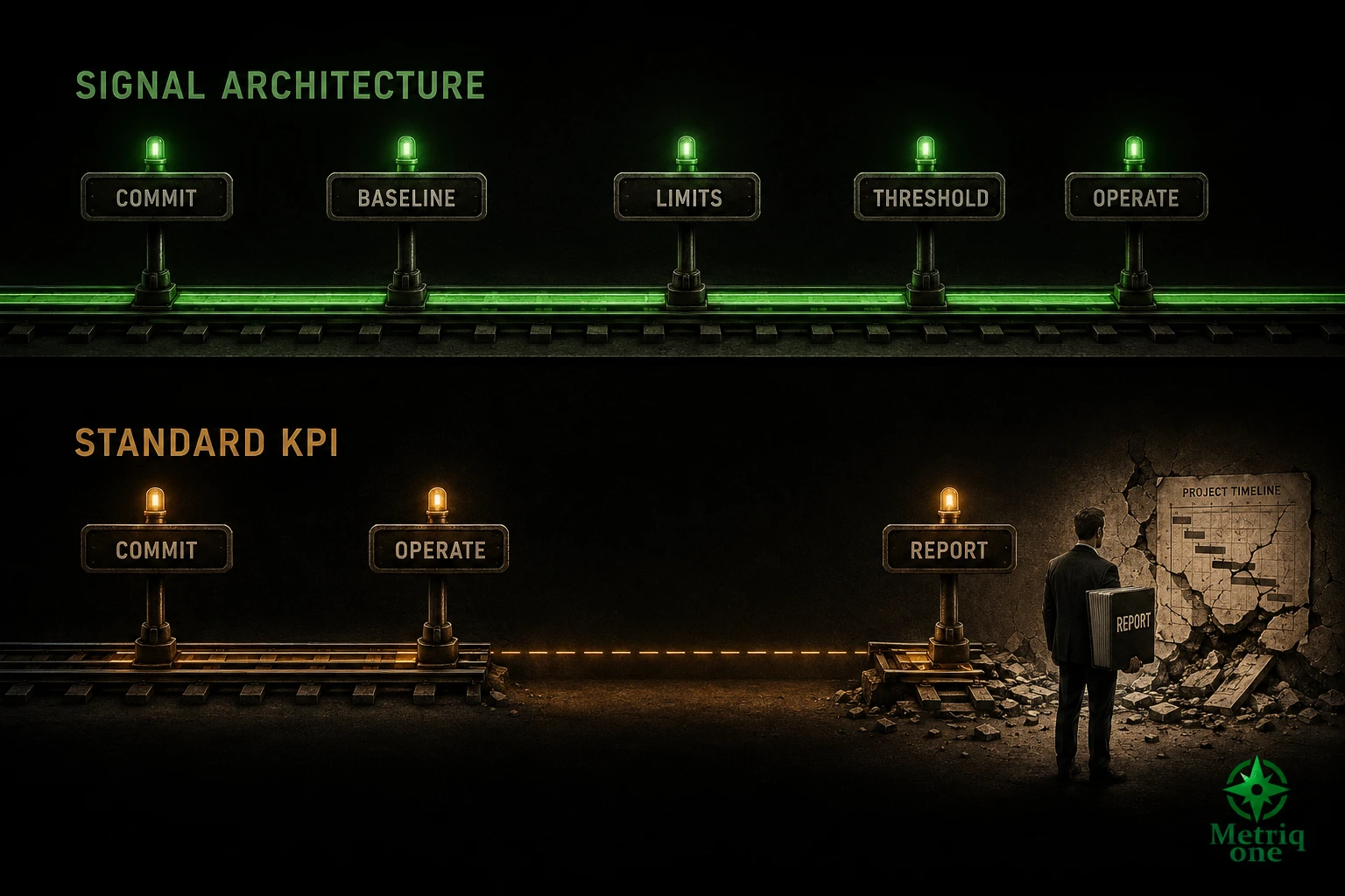 The correct sequence: commit, baseline, limits, threshold, operate — contrasted against the standard KPI sequence of commit, operate, report