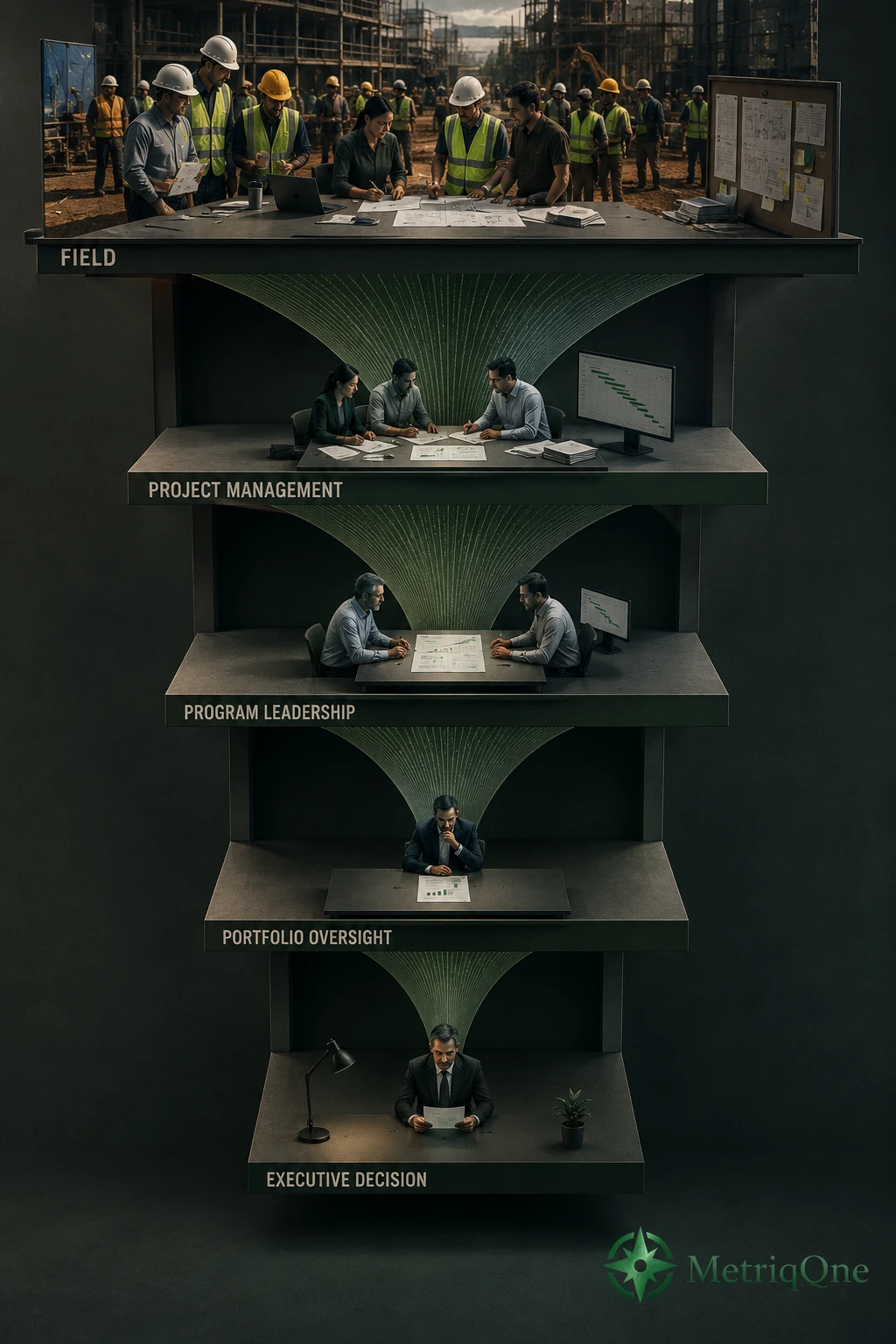 Information narrowing at each hand-off as field signal becomes a single thin report at the executive level