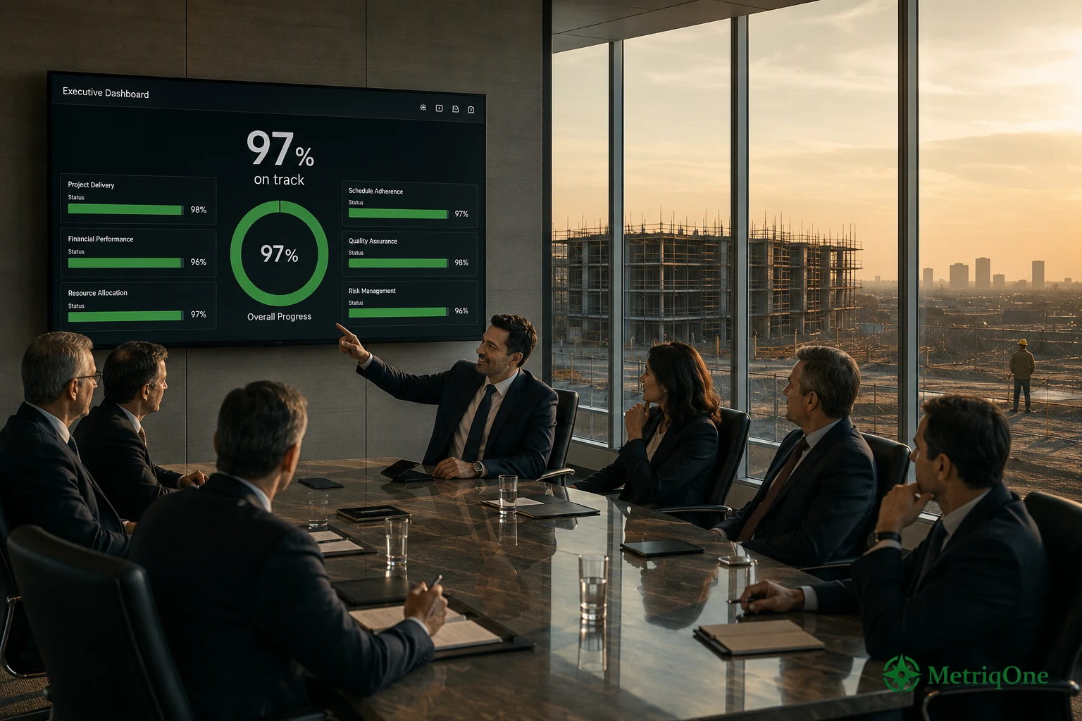 A green dashboard inside a boardroom while a stalled construction site sits unnoticed outside