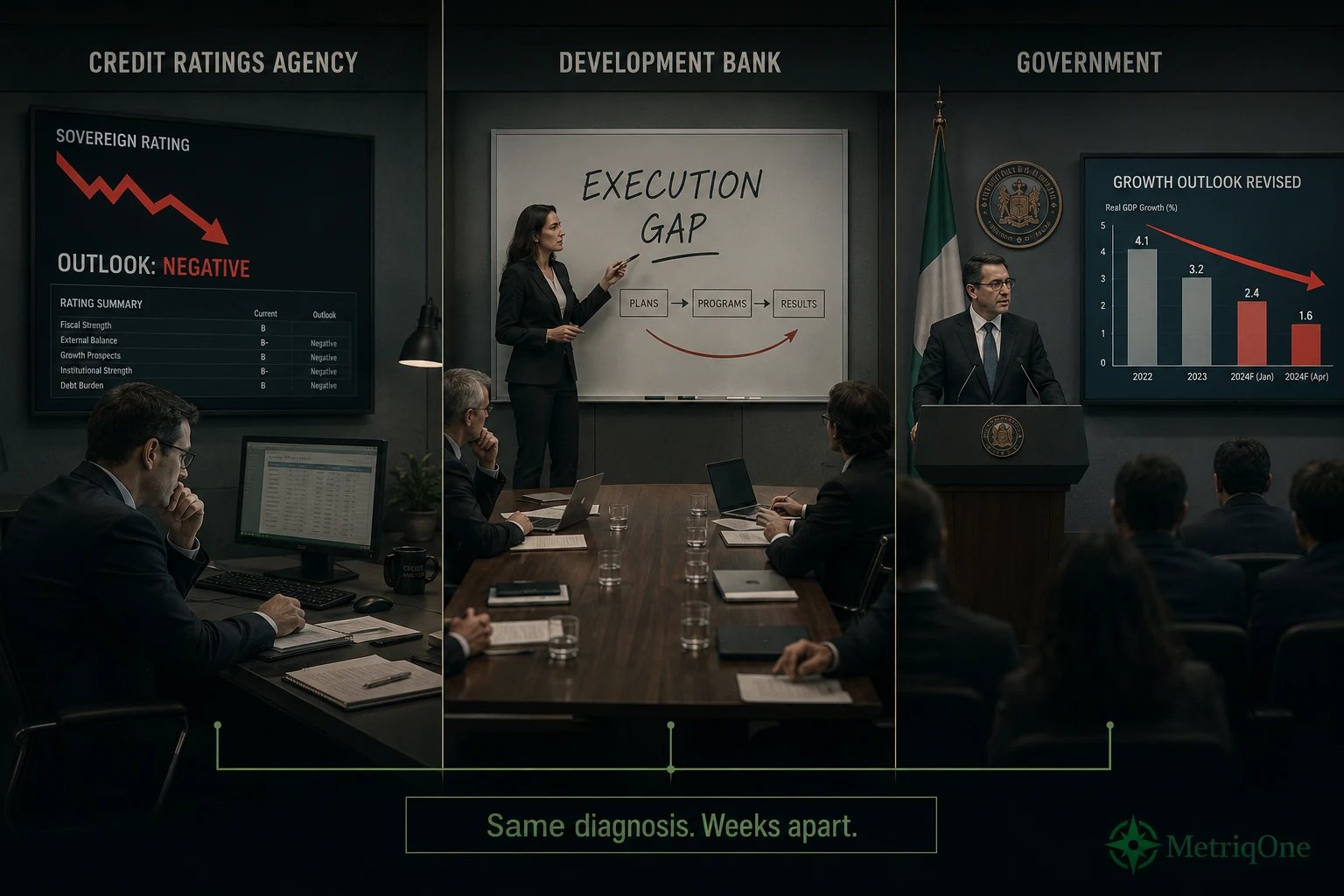 Three institutions — ratings agency, development bank, government briefing — arriving independently at the same diagnosis