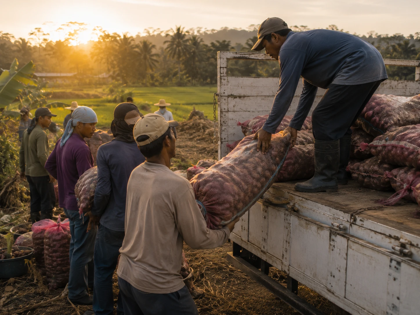 Farmers loading pooled harvest onto a shared truck