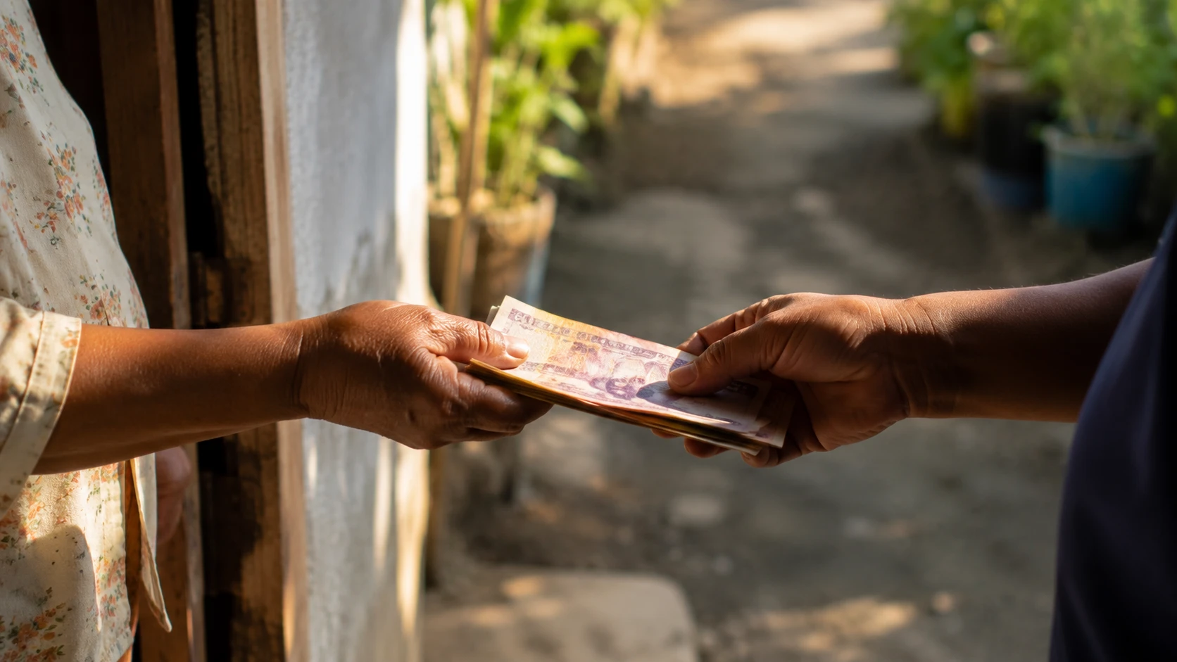Hands exchanging cash at a doorway in early morning light