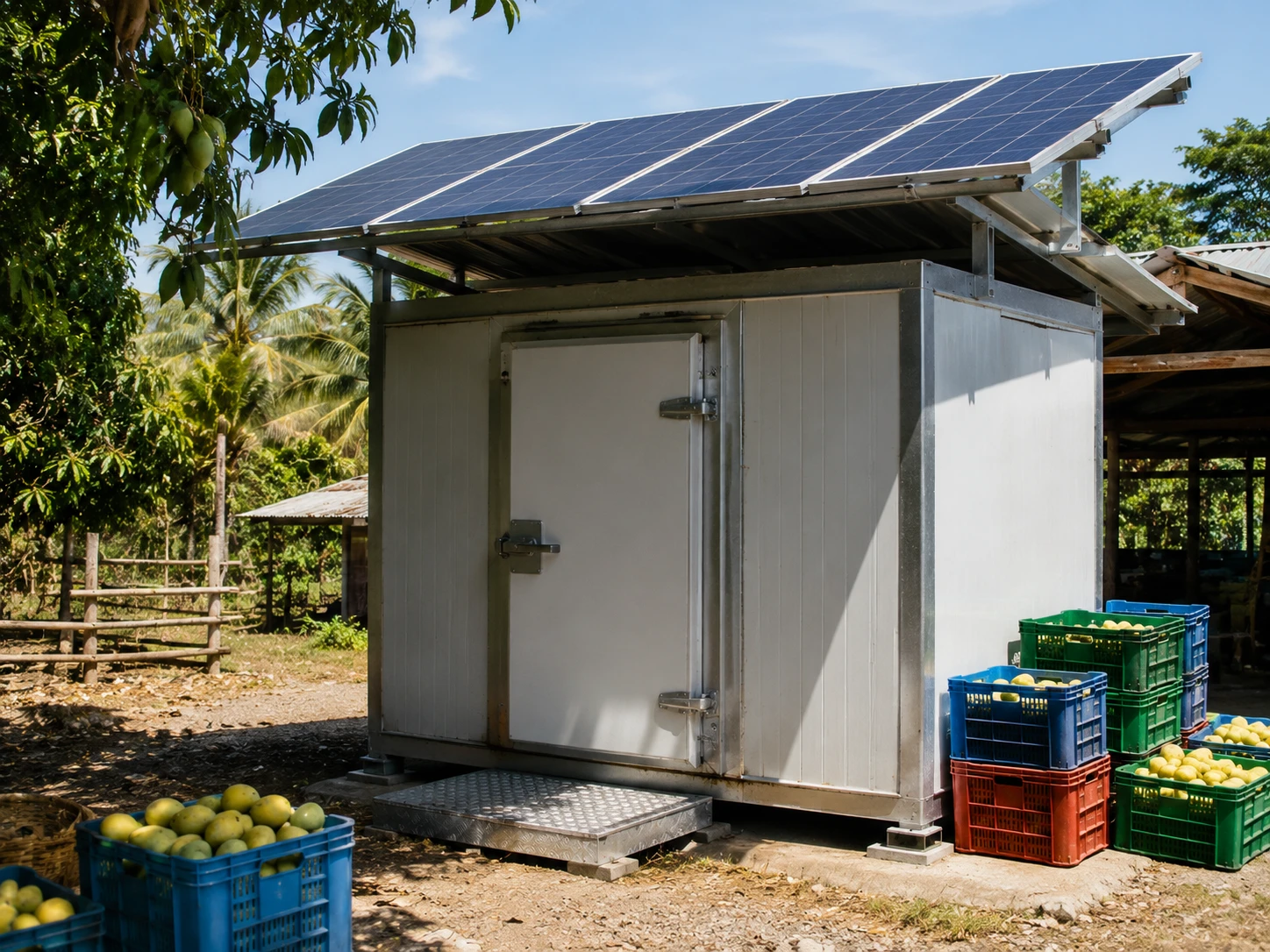 A small solar-powered cold storage unit at a farming cooperative