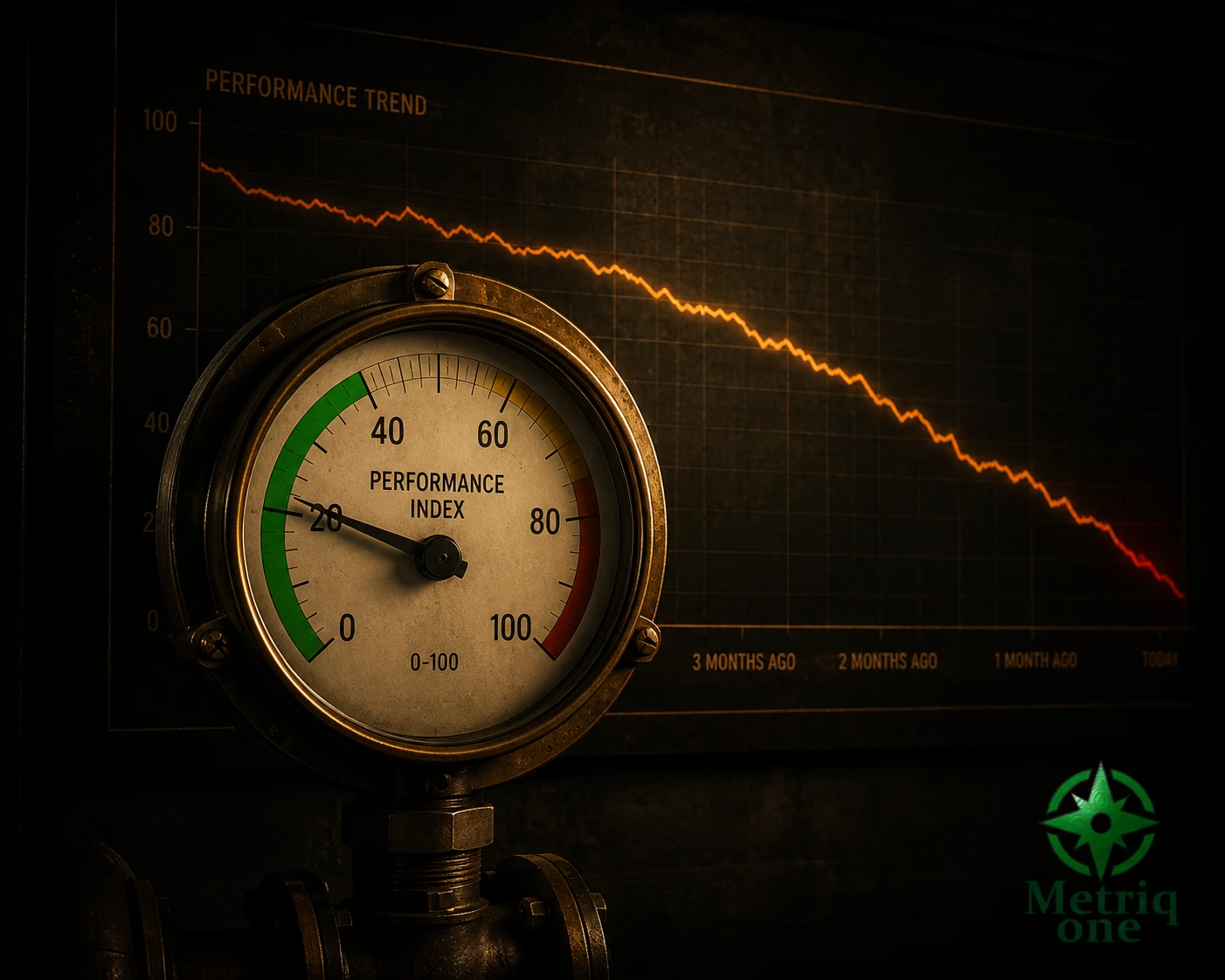 A gauge reading green while a trend line behind it shows months of drift toward the red zone