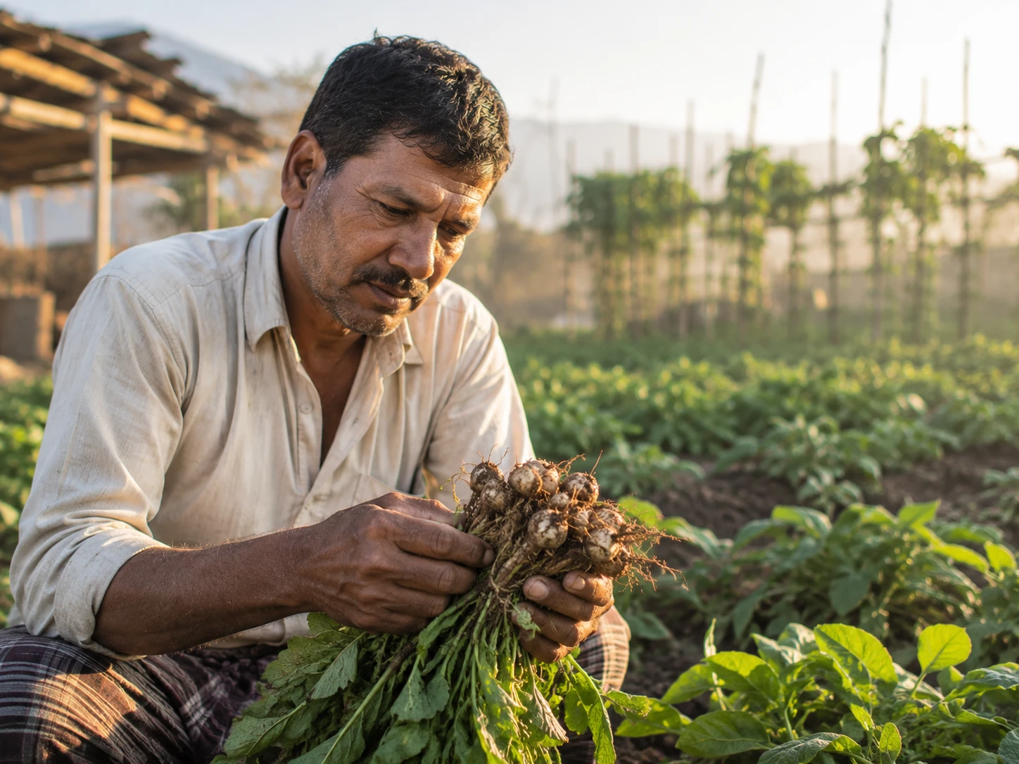 A smallholder farmer checking produce in a field
