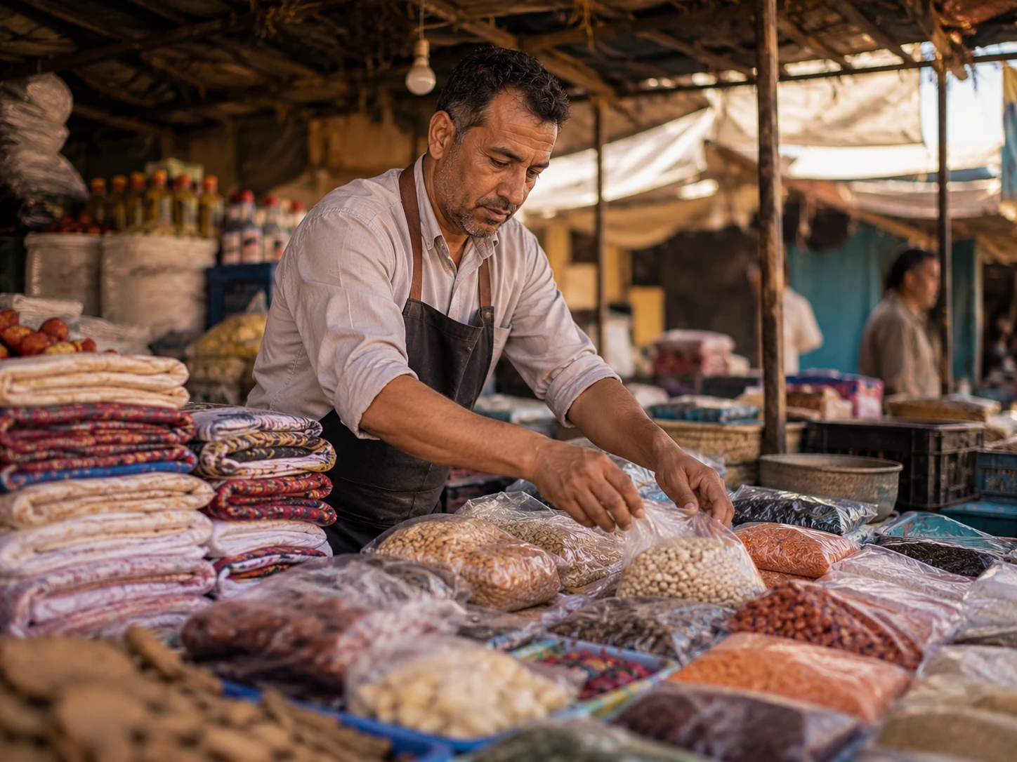 A market trader arranging goods at a stall