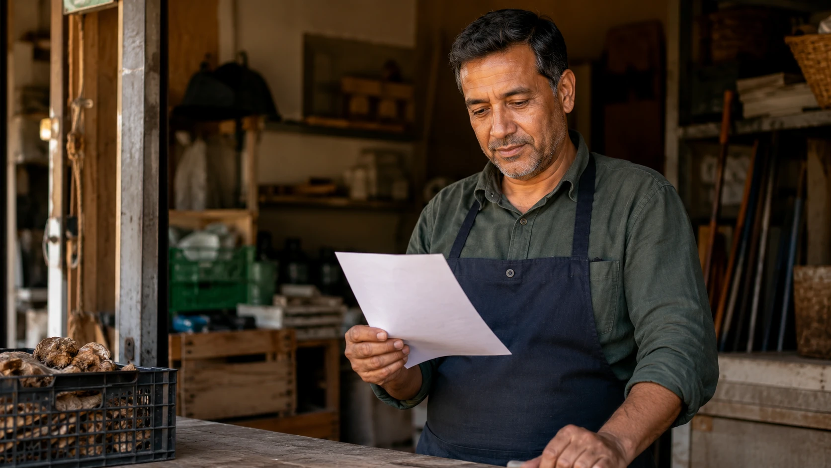 A small business owner reviewing a printed proof report at their own counter