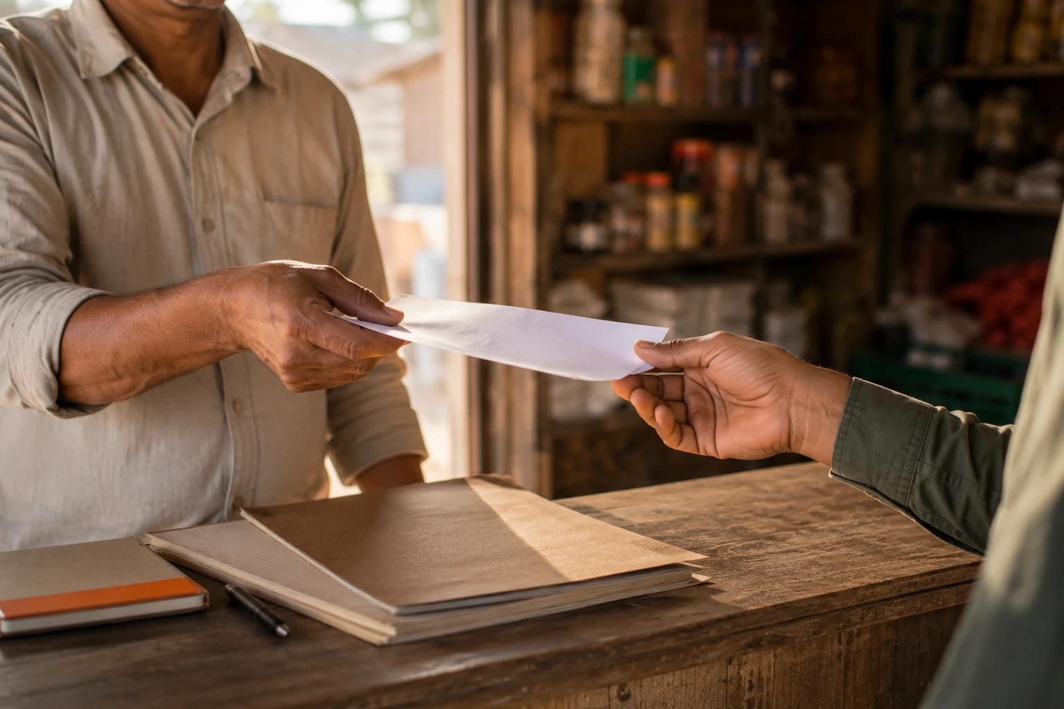A printed proof report being handed across a counter