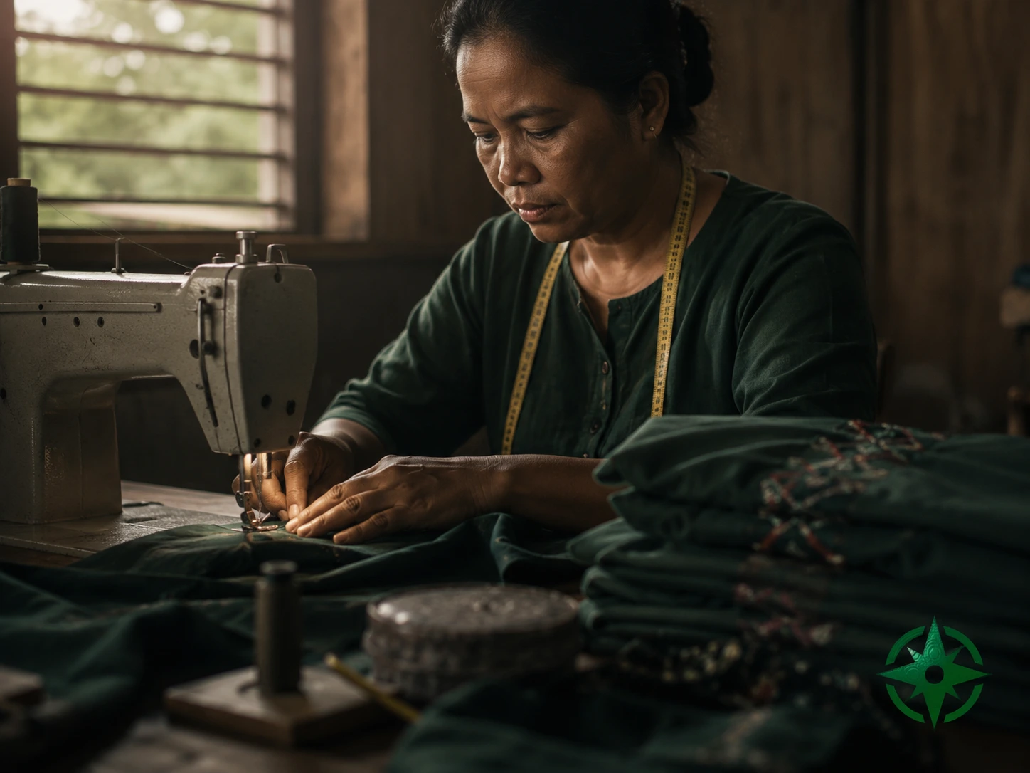 Hands at a sewing machine with a single stack of finished garments, working alone