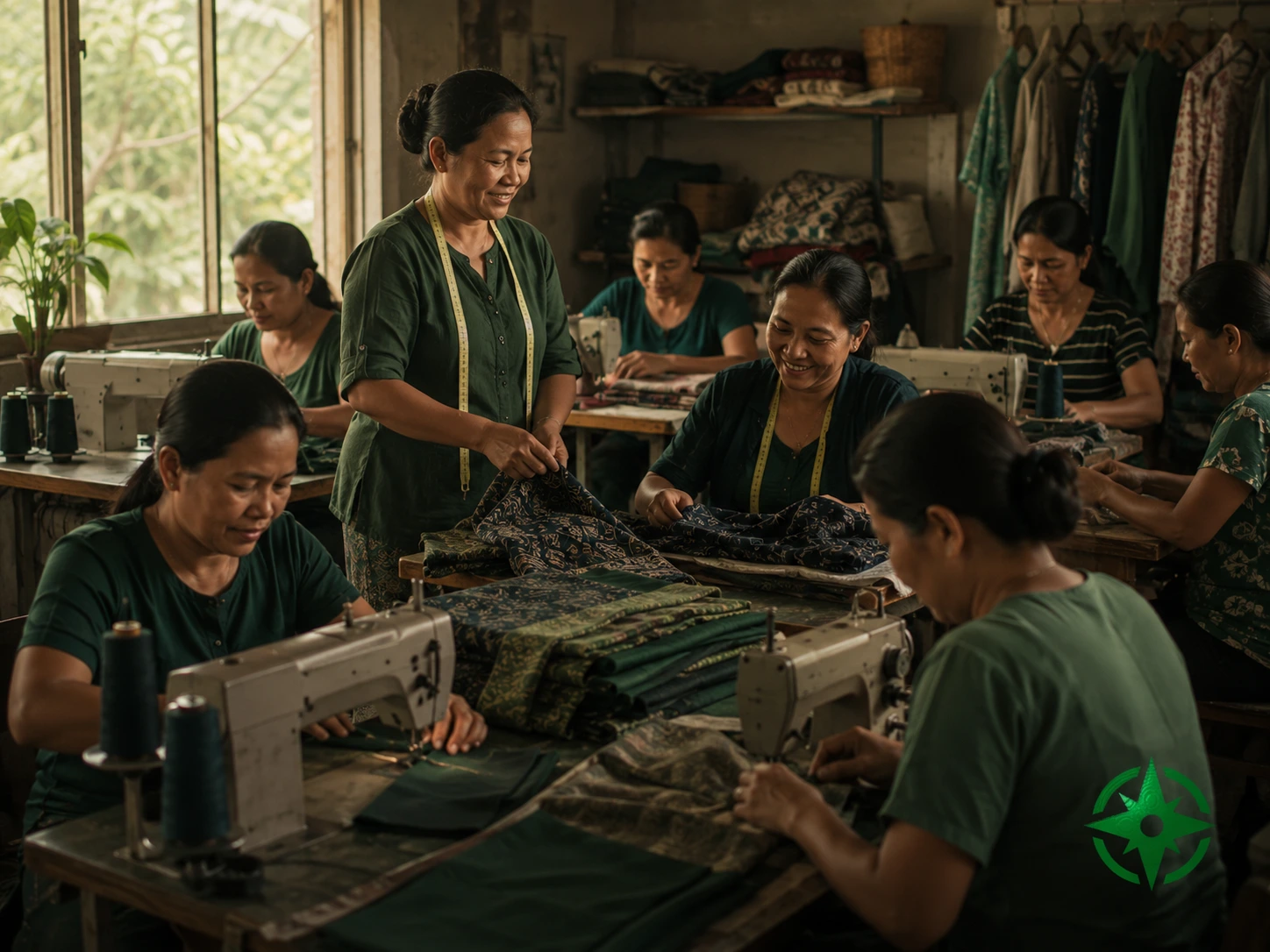 Women working together in a shared workshop, machines and fabric, a coordinator among them