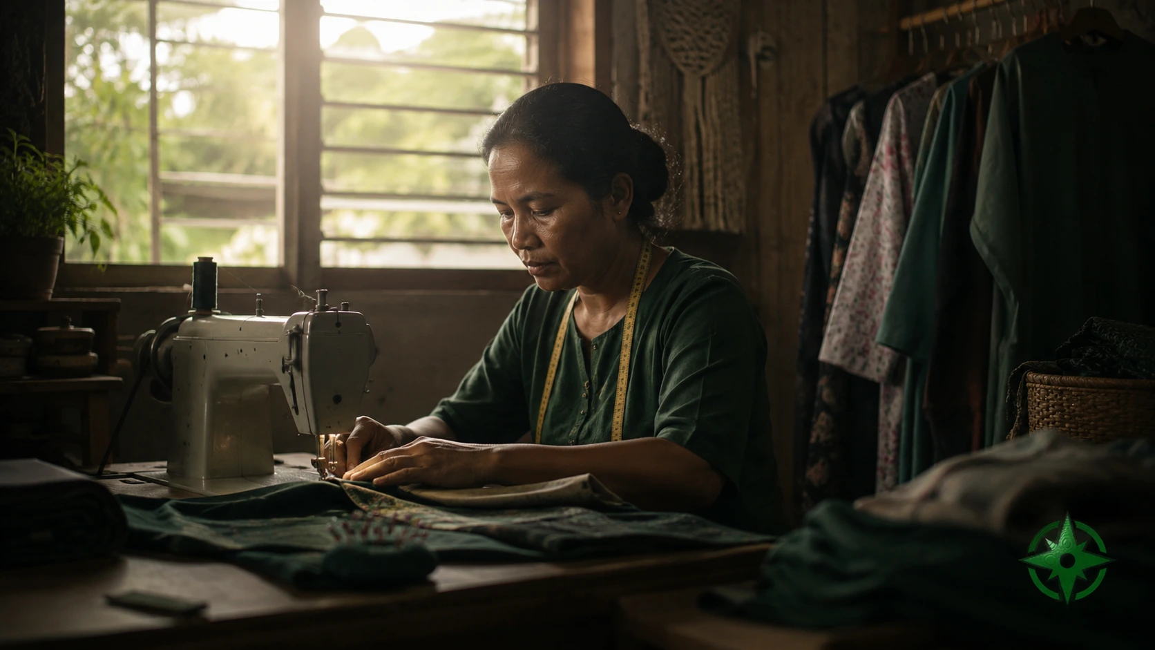 A seamstress at her machine in early morning light, fabric pinned before her