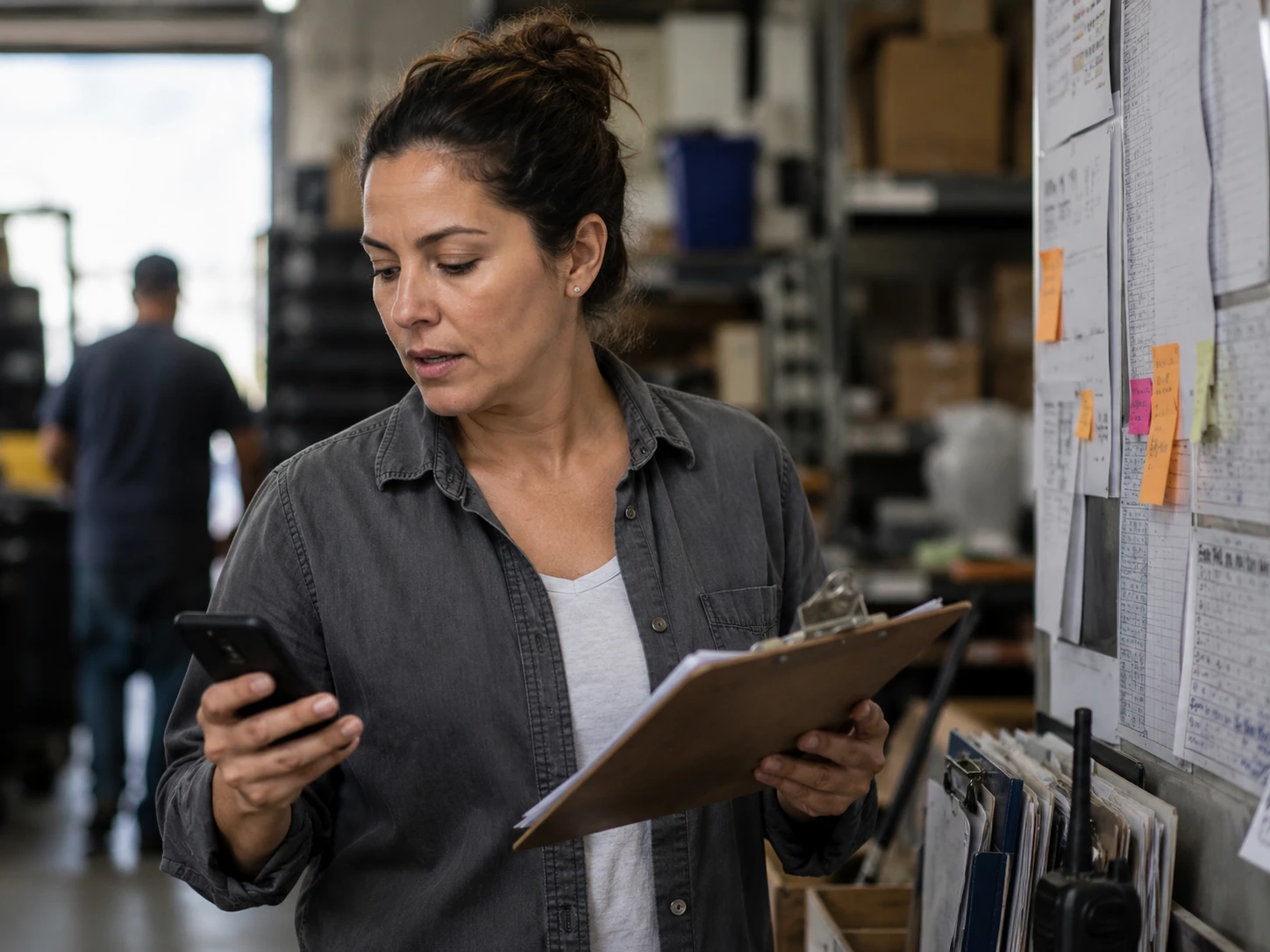 A coordinator juggling several tasks at once, phone and papers in hand