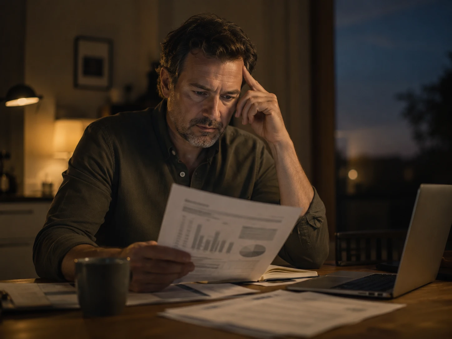 An owner reviewing a report late in the day, weighing what it means