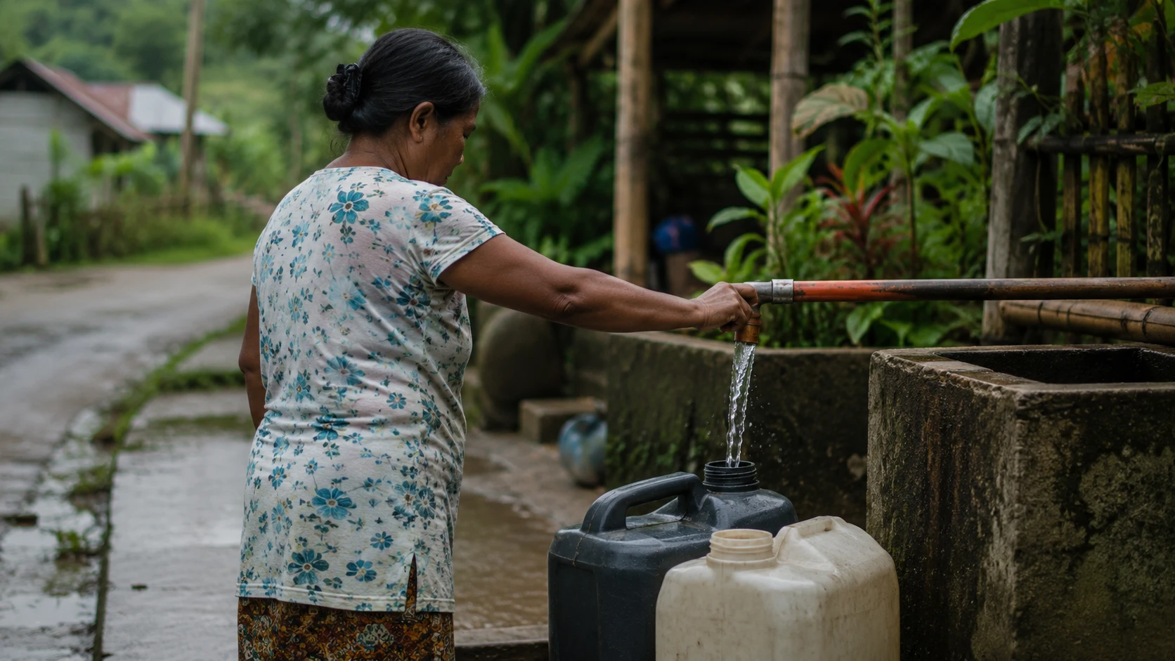 A woman checking the water flow at a community collection point