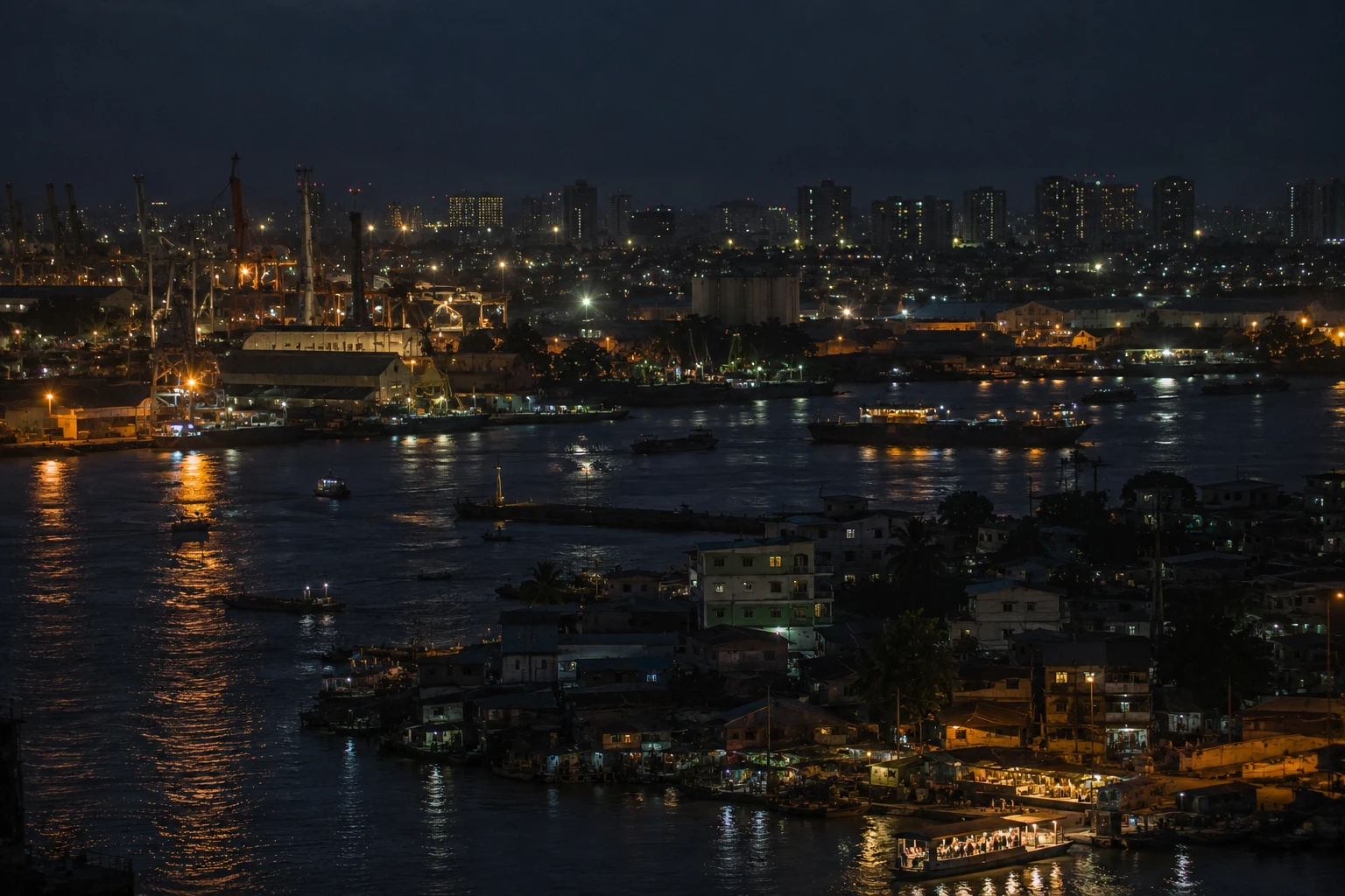 A regional port city at night, several economies visible in one frame