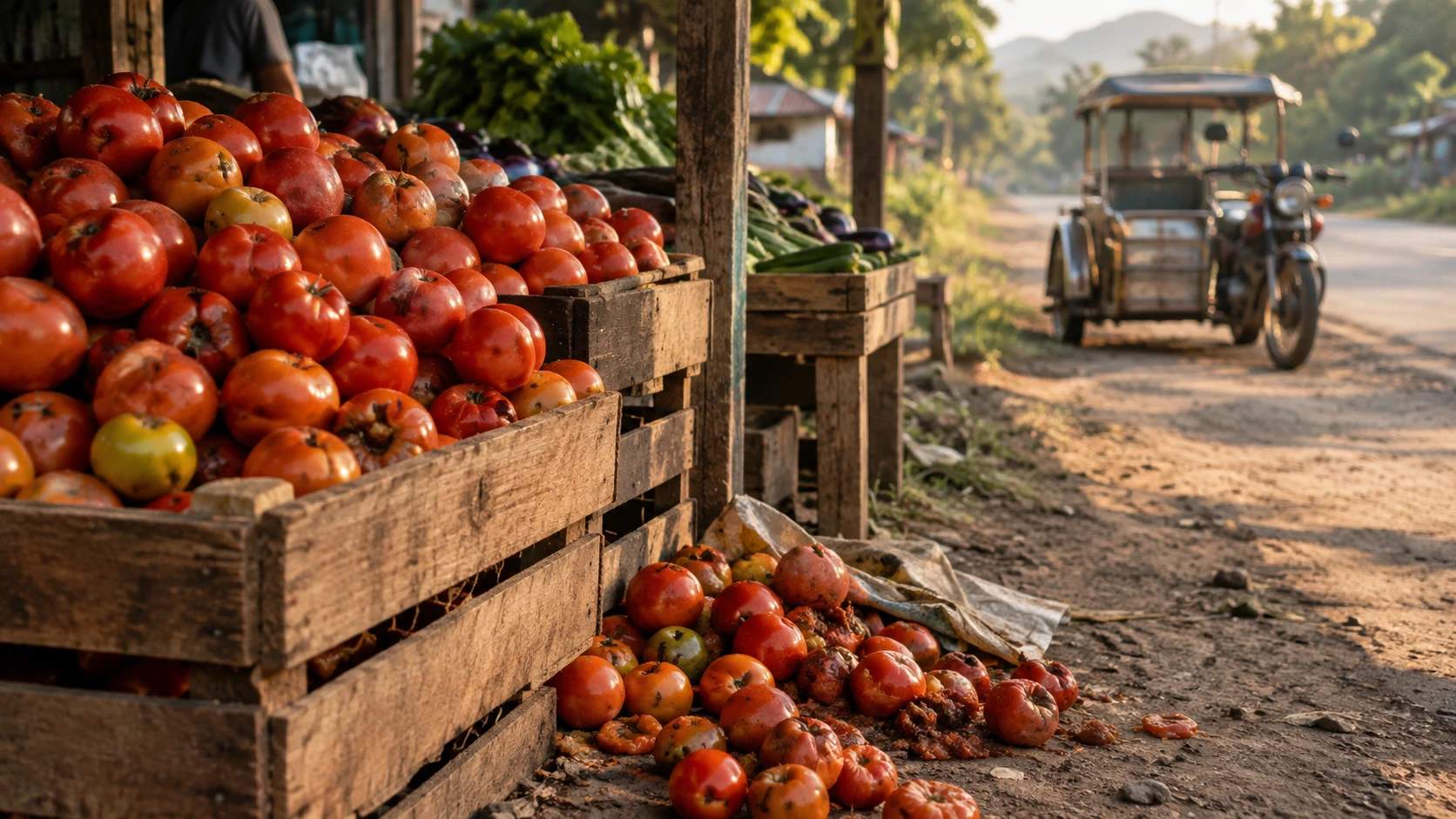 Crates of tomatoes at a roadside stall, some spoiling unsold