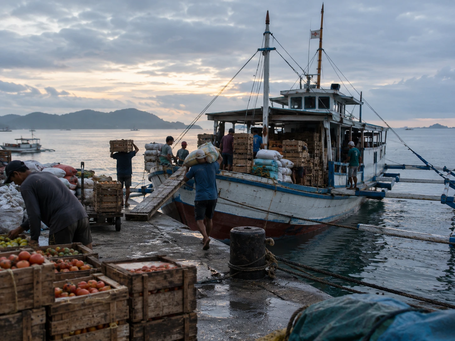 Goods loaded onto an inter-island boat with no cold storage in sight