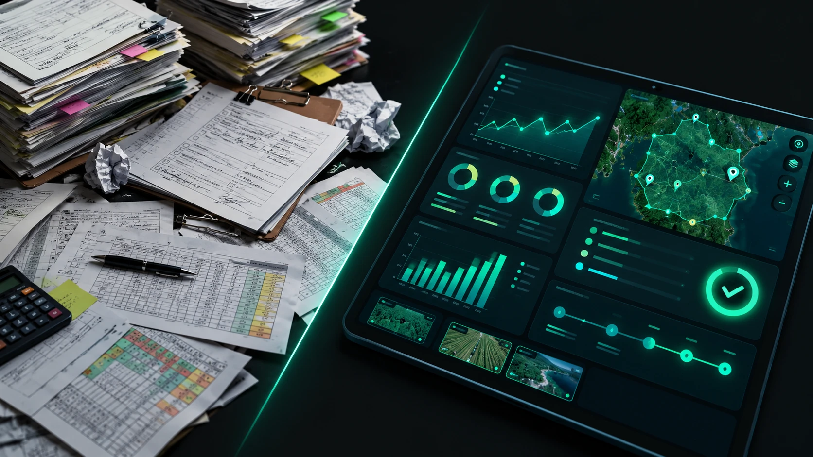 A split screen showing chaotic paper forms on the left and a clean digital compliance dashboard on the right.