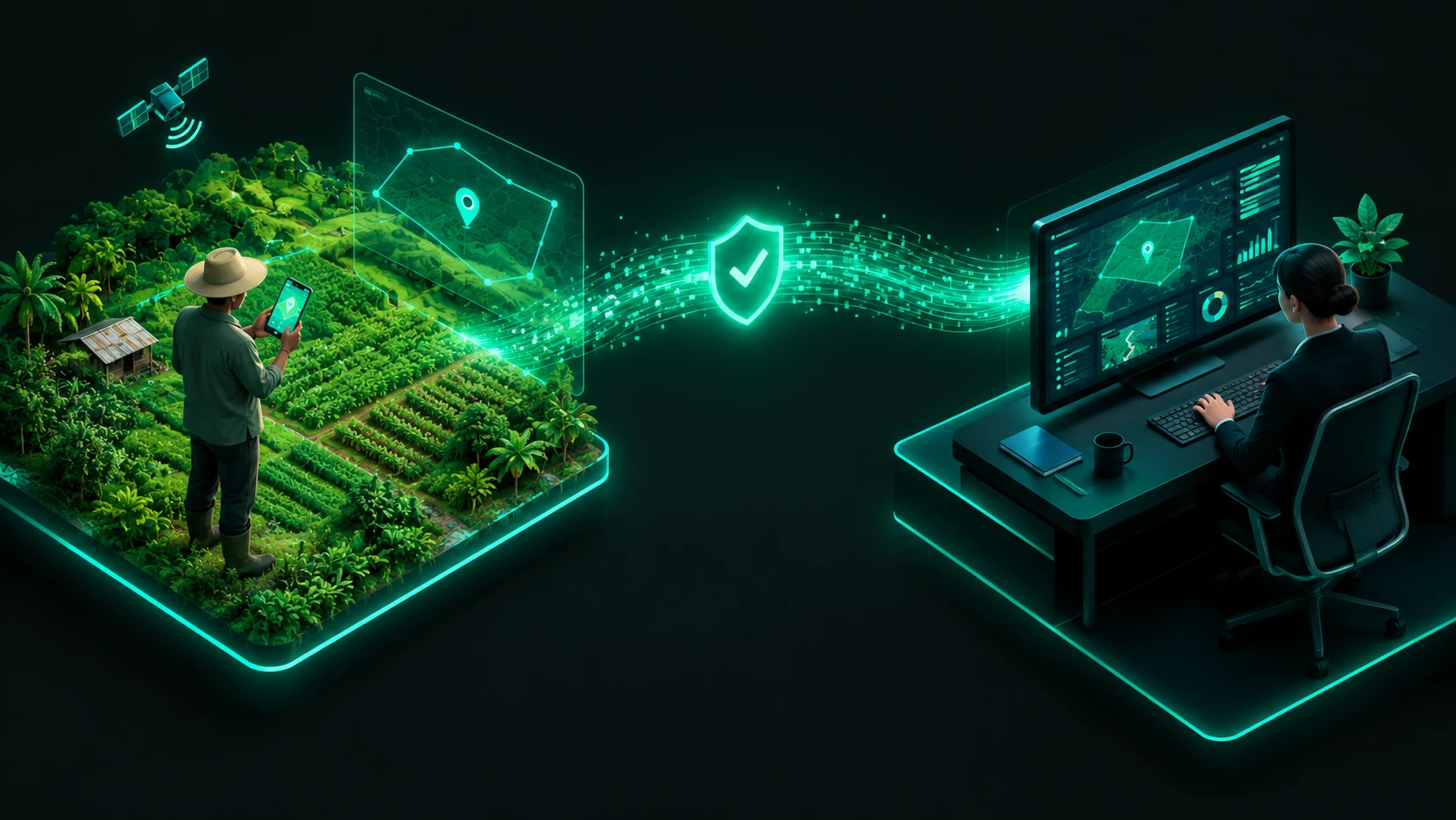 A producer in the field and an importer at a desk connected by a secure data exchange.