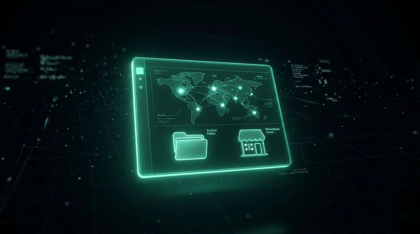 An abstract representation of the Vantage Point dashboard containing an archive, a map, and a marketplace.